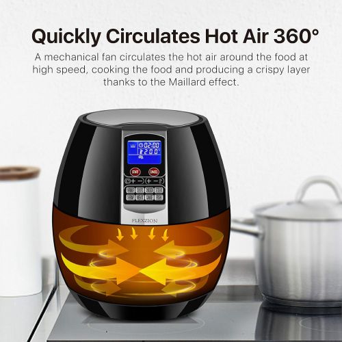  Flexzion Electric Air Fryer Cooker - Healthy Oil Less Dry Fryer Hot Air Steam Fryer with Digital Control Button Screen, Detachable Fry Basket 1500W, 3.5 Liter (Black)