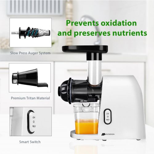  Flexzion Slow Masticating Juicer Machine - Household Low Speed Electric Cold Press Juice Extractor with Cleaning Brush, Juice Cup Pulp Container for High Nutrient Fruit and Vegetab