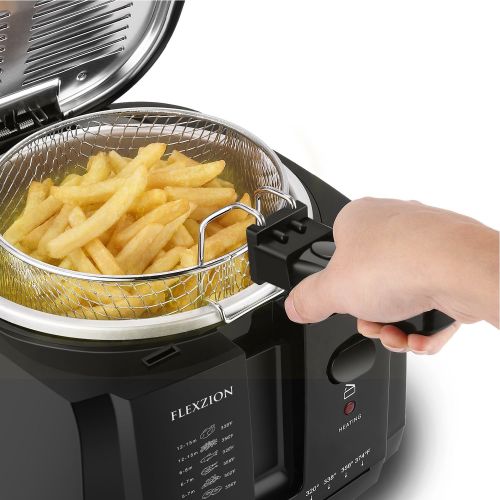  Flexzion Deep Fryer with Basket - Home Electric Deep Fat Fryer Cooker w2 Liter Food Oil Capacity Adjustable Temperature Thermostat Grease Filter & Removable Container for Chicken