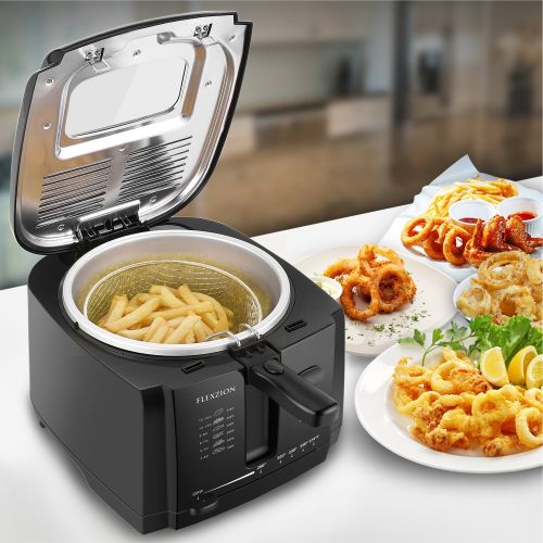  Flexzion Deep Fryer with Basket - Home Electric Deep Fat Fryer Cooker w2 Liter Food Oil Capacity Adjustable Temperature Thermostat Grease Filter & Removable Container for Chicken