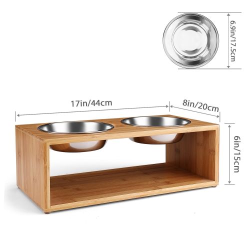  Flexzion Elevated Raised Dog and Cat Pet Feeder Bowls - Raised Stand Feed Station Tray Waterer with Double Stainless Steel Bowl Dish For Dog Cat Food and Water Modern Bamboo Style