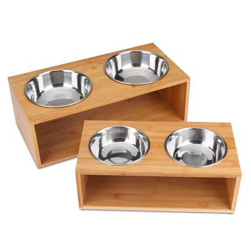  Flexzion Elevated Raised Dog and Cat Pet Feeder Bowls - Raised Stand Feed Station Tray Waterer with Double Stainless Steel Bowl Dish For Dog Cat Food and Water Modern Bamboo Style