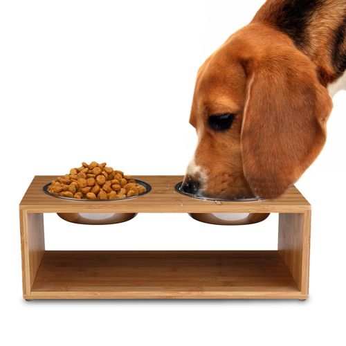  Flexzion Elevated Raised Dog and Cat Pet Feeder Bowls - Raised Stand Feed Station Tray Waterer with Double Stainless Steel Bowl Dish For Dog Cat Food and Water Modern Bamboo Style