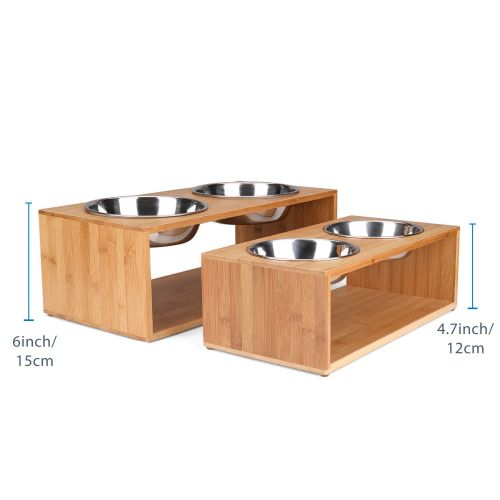  Flexzion Elevated Raised Dog and Cat Pet Feeder Bowls - Raised Stand Feed Station Tray Waterer with Double Stainless Steel Bowl Dish For Dog Cat Food and Water Modern Bamboo Style