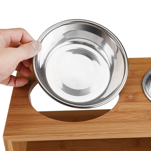  Flexzion Elevated Raised Dog and Cat Pet Feeder Bowls - Raised Stand Feed Station Tray Waterer with Double Stainless Steel Bowl Dish For Dog Cat Food and Water Modern Bamboo Style