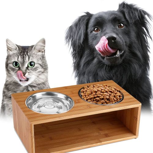  Flexzion Elevated Raised Dog and Cat Pet Feeder Bowls - Raised Stand Feed Station Tray Waterer with Double Stainless Steel Bowl Dish For Dog Cat Food and Water Modern Bamboo Style