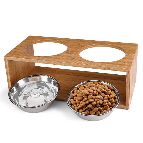  Flexzion Elevated Raised Dog and Cat Pet Feeder Bowls - Raised Stand Feed Station Tray Waterer with Double Stainless Steel Bowl Dish For Dog Cat Food and Water Modern Bamboo Style