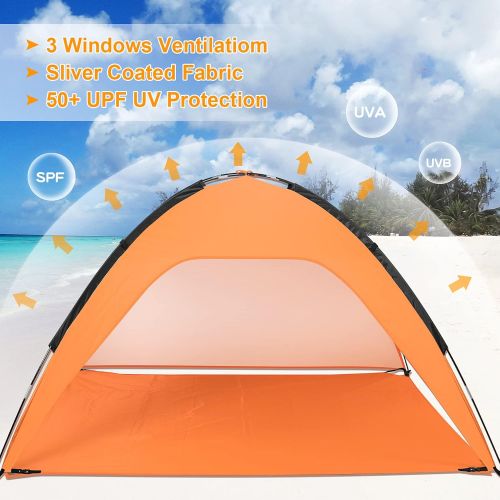  Fltom Beach Tent, Portable Beach Sun Shelter for UPF 50+ UV Protection, Easy Set Up 3-4 Person Beach Tent Shade with Carry Bag, Anti UV Beach Canopy Tent for Fishing Hiking Camping