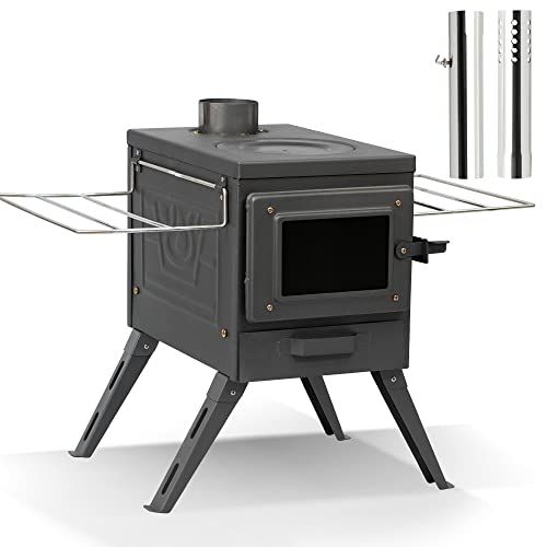  Fltom Camp Wood Stove, Tent Stove with Large Firebox, Heat View Folding Camping Stove for Tent, Shelter, Cabin Heating and Cooking, Include Damper and Spark Arrestor