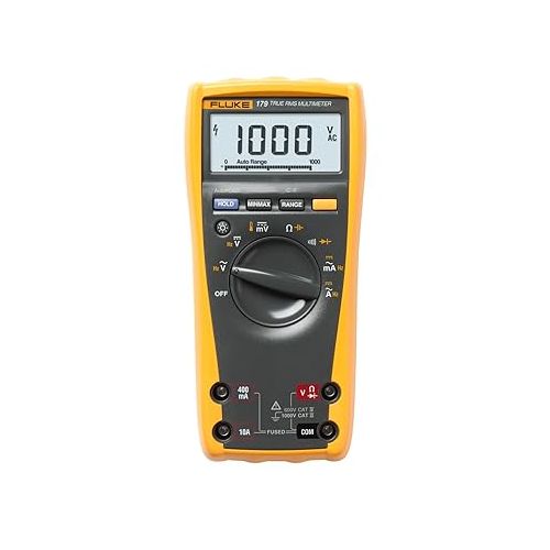  Fluke 179 Multimeter with Backlight, Includes Built-In Thermometer to Measure Temperature, Measures True-RMS AC Current and Voltage, Frequency, Capacitance, Resistance, Continuity and Diode