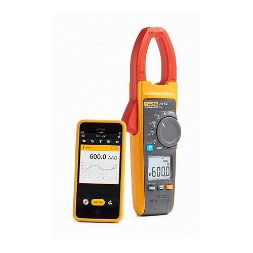  Fluke 375 FC True-RMS AC/DC Clamp Meter, Measures AC/DC Current To 600 A and AC/DC Voltage To 1000 V, CAT III 1000 V, CAT IV 600 V Safety Rating, Includes Batteries and Soft Carrying Case
