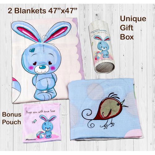  Fly Muslin Swaddle Blankets Gift Set for Girls, Boys + Bonus Pouch, Unisex Design, Set of 2 Baby...