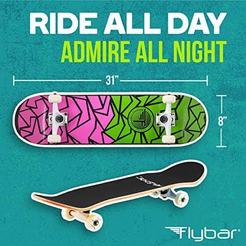  Flybar Skateboards for Beginners, Complete Standard 31 Inch Skateboard, 7 Ply Maple Wood, Pre Built 31” x 8” Concave Standard and Tricks Skateboard for Boys, Girls, Kids, Youth, Te