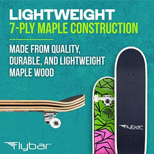  Flybar Skateboards for Beginners, Complete Standard 31 Inch Skateboard, 7 Ply Maple Wood, Pre Built 31” x 8” Concave Standard and Tricks Skateboard for Boys, Girls, Kids, Youth, Te