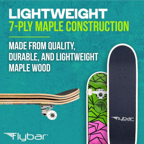  Flybar Skateboards for Beginners, Complete Standard 31 Inch Skateboard, 7 Ply Maple Wood, Pre Built 31” x 8” Concave Standard and Tricks Skateboard for Boys, Girls, Kids, Youth, Te