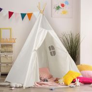 [아마존베스트]Kids Teepee Tent Children Play Tent 5 ft Raw White Cotton Canvas Four Wooden Poles Thick Cushion Mat LED Light Banner Carry Case Indoor Outdoor Playhouse for Girls and Boys Childre