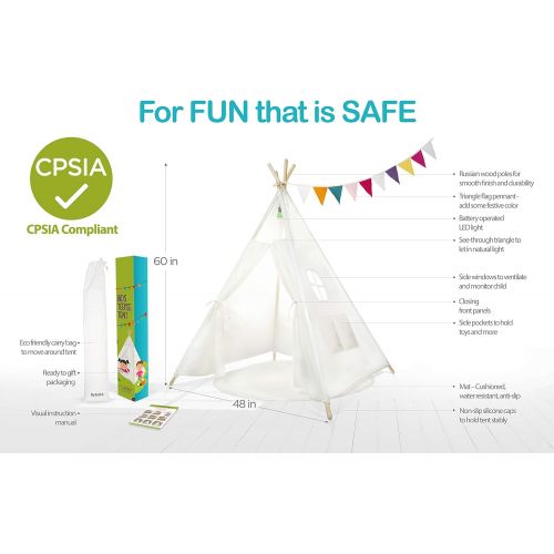  [아마존베스트]Kids Teepee Tent Children Play Tent 5 ft Raw White Cotton Canvas Four Wooden Poles Thick Cushion Mat LED Light Banner Carry Case Indoor Outdoor Playhouse for Girls and Boys Childre