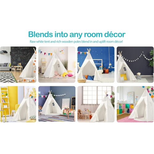  [아마존베스트]Kids Teepee Tent Children Play Tent 5 ft Raw White Cotton Canvas Four Wooden Poles Thick Cushion Mat LED Light Banner Carry Case Indoor Outdoor Playhouse for Girls and Boys Childre