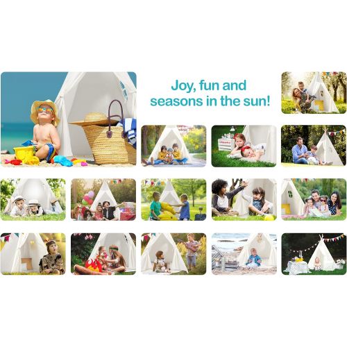  [아마존베스트]Kids Teepee Tent Children Play Tent 5 ft Raw White Cotton Canvas Four Wooden Poles Thick Cushion Mat LED Light Banner Carry Case Indoor Outdoor Playhouse for Girls and Boys Childre