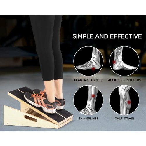  Flybold Professional Wooden Slant Board Calf Ankle Stretcher with Spiky Stress Ball Stretch Resistance Tube Adjustable Incline Non-slip tread Side Handles 16 X 12.5 450 lbs Achilles Planta