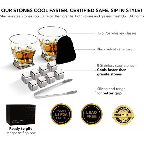  [아마존베스트]Flybold Whiskey Stones Gift Sets Whiskey Glass Gifts set of 2 Large Glasses 8 Stainless Steel Chilling Stone Tong Velvet Bag Premium Magnetic Gift Box Scotch Bourbon Alcohol Gift for Men a