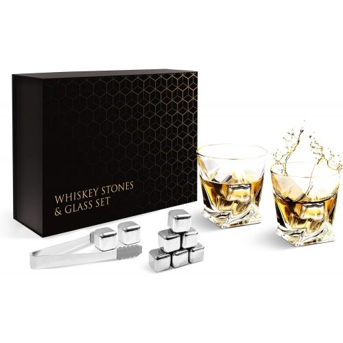  [아마존베스트]Flybold Whiskey Stones Gift Sets Whiskey Glass Gifts set of 2 Large Glasses 8 Stainless Steel Chilling Stone Tong Velvet Bag Premium Magnetic Gift Box Scotch Bourbon Alcohol Gift for Men a