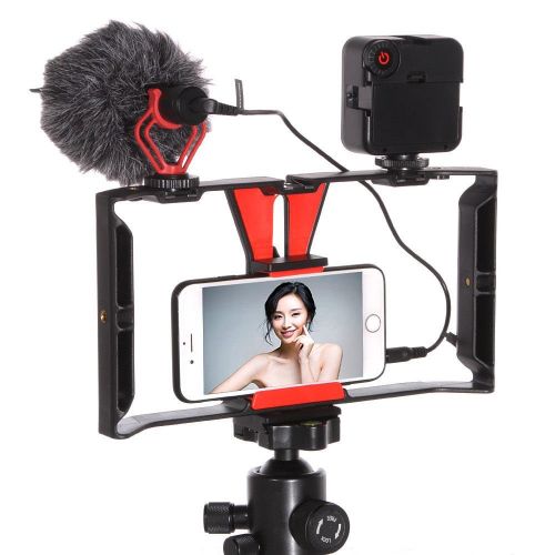  FocusFoto Smartphone Video Rig Camera Cage Mount Holder Stabilizer Handle Grip with BOYA BY-MM1 Shotgun Microphone Mic + 49 LED Light Kit for Mobile Phone iPhone Filmmaking Profess