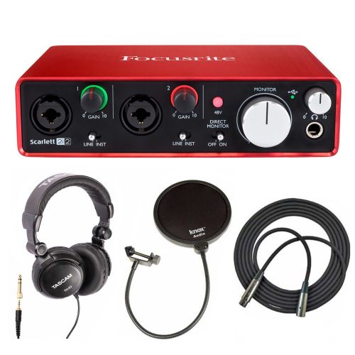  Focusrite Scarlett 2i2 USB Audio Interface (2nd Gen) Includes Pro Tools First with Headphones, Knox Pop Filter and XLR Cable