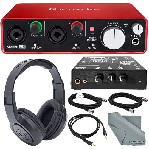  Focusrite Scarlett 2i2 USB Audio Interface (2nd Generation) and Rolls PM351 Personal Monitor Station for Musicians Deluxe Bundle