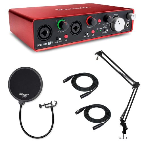  Focusrite Scarlett 2i4 USB Audio Interface with Pro Tools, 2 XLR Cables, Knox Studio Stand and Pop Filter