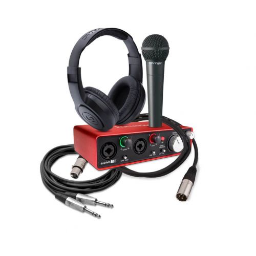  Focusrite Scarlett 2i2 (2nd Gen) USB Audio Interface bundle with Samson Headphones, Behringer Microphone, and Cables