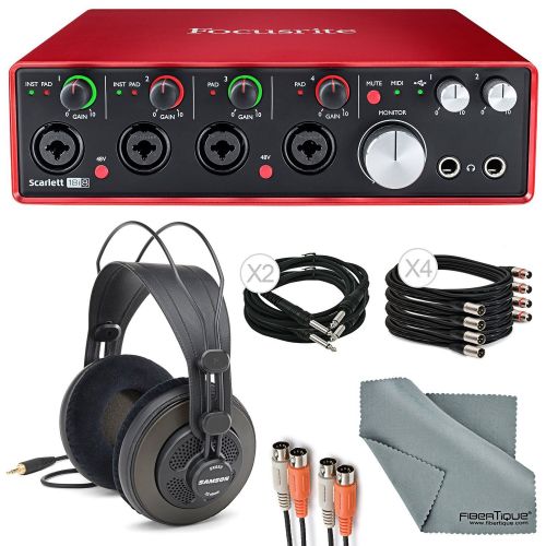  Focusrite Scarlett 18i8 USB 2.0 Audio Interface Deluxe Kit W 2 x ¼” Cable, 4 x XLR Cable, 2 MIDI to 2 MIDI (Dual) Cable, Samson Studio Headphones, FiberTique Cleaning Cloth