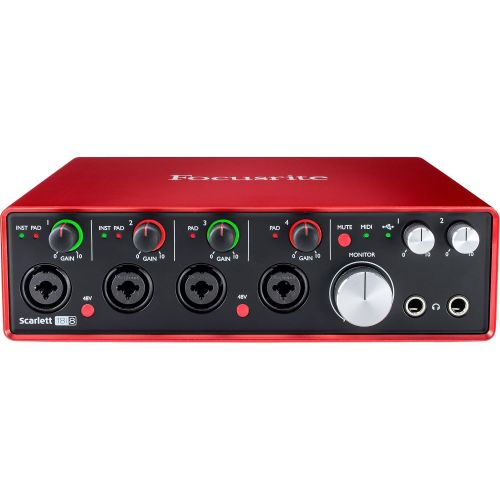  Focusrite Scarlett 18i8 USB 2.0 Audio Interface Deluxe Kit W 2 x ¼” Cable, 4 x XLR Cable, 2 MIDI to 2 MIDI (Dual) Cable, Samson Studio Headphones, FiberTique Cleaning Cloth