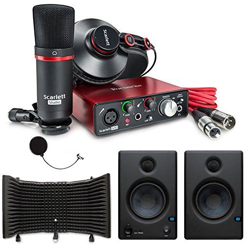  Focusrite Scarlett Solo Compact USB Audio Interface Studio Package - 2nd Generation with Microphone Isolation Shield and Speaker