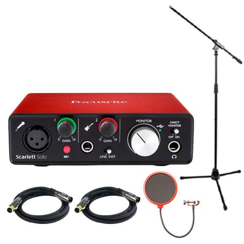  Focusrite Scarlett Solo USB Audio Interface (2nd Generation) Bundle with 2 XLR Cables, Microphone Stand, Wind Screen