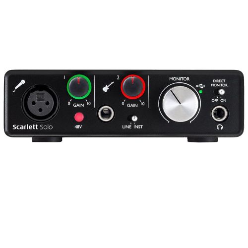  Focusrite Scarlett Solo USB Audio Interface (2nd Generation) Bundle with 2 XLR Cables, Microphone Stand, Wind Screen