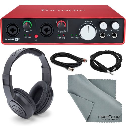  Focusrite Scarlett 6i6 USB Audio Interface Bundle with Samson Stereo Headphones + Instrument Cable + Microphone Cable