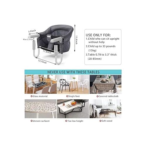  Foho Hook On Chair, Clip on Table High Load Design Fold Flat Storage Attachable High Chair with Storage Bag, Safe Fast Table Chair for Babies and Toddlers (Grey)