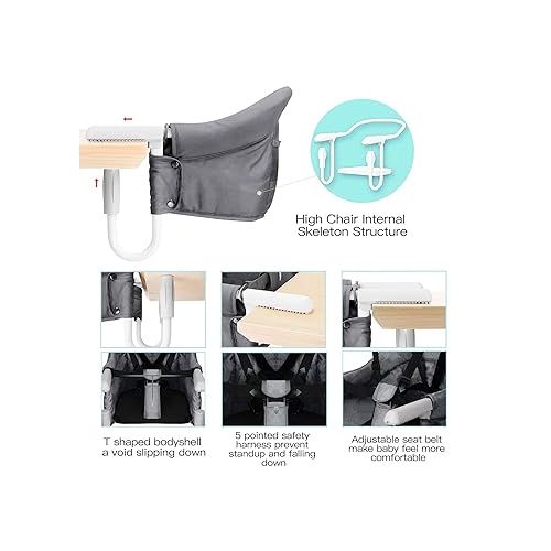  Foho Hook On Chair, Clip on Table High Load Design Fold Flat Storage Attachable High Chair with Storage Bag, Safe Fast Table Chair for Babies and Toddlers (Grey)