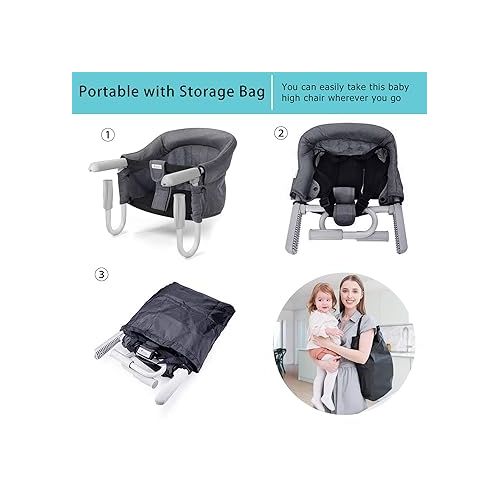  Foho Hook On Chair, Clip on Table High Load Design Fold Flat Storage Attachable High Chair with Storage Bag, Safe Fast Table Chair for Babies and Toddlers (Grey)