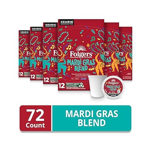  Folgers Mardi Gras Blend Medium-Dark Roast Coffee, 72 Keurig K-Cup Pods