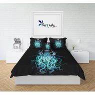 FolkandFunky Octopus Bedding Duvet Cover, Black with Blue Octopus King Duvet, Queen Duvet, Twin Duvet (Comforter Option available)