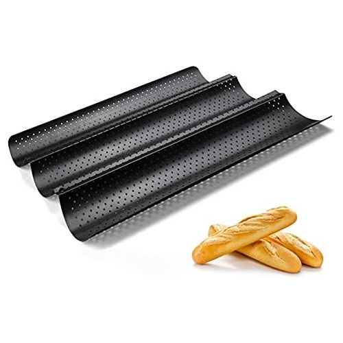  [아마존베스트]Fontien Baguette Baking Tray, Non-Stick Carbon Steel, for 3 Baguettes, 38 x 24.5 cm