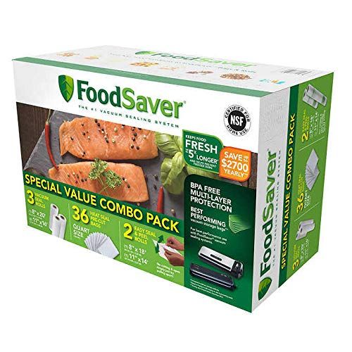  FoodSaver Special Value Vacuum Seal Combo Pack 1-8 Roll, 2-11 Rolls, 36 Pre-Cut Quart Bags, 1-8 Easy Seal & Peel Roll, 1-11 Easy Seal & Peel Roll