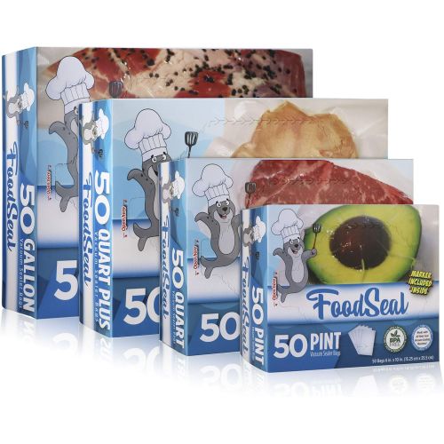  FoodSeal 100 Gallon Size Precut Vacuum Sealer Bags | 11 x 16 | 2 Boxes of 50 |Easy-Grab Dispenser Box | Heavy Duty | Food Saver Compatible | Great for fridge, freezer, sous vide, a