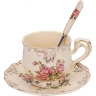 [아마존베스트]Foraineam Tea Cup and Saucer Set, 8 oz. Ivory Porcelain Coffee Cup Vintage Floral Ceramic Tea Cup Set with Saucer and Spoon