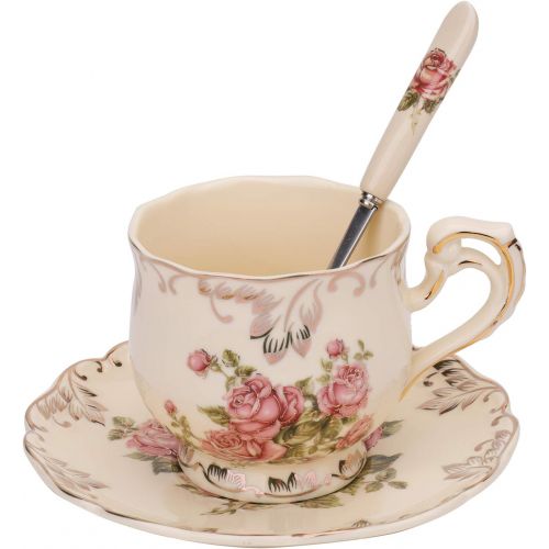  [아마존베스트]Foraineam Tea Cup and Saucer Set, 8 oz. Ivory Porcelain Coffee Cup Vintage Floral Ceramic Tea Cup Set with Saucer and Spoon