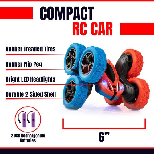  Force1 Crawler 6 Remote Control Car for Kids - 6 Wheeled RC Car Double Sided Driving with LEDs, 360 Flips, All Terrain RC Crawler Wheels, and 2.4 GHZ Remote Control, Red/Blue