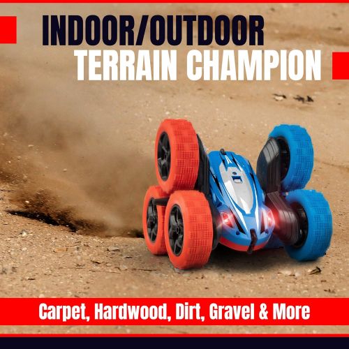  Force1 Crawler 6 Remote Control Car for Kids - 6 Wheeled RC Car Double Sided Driving with LEDs, 360 Flips, All Terrain RC Crawler Wheels, and 2.4 GHZ Remote Control, Red/Blue