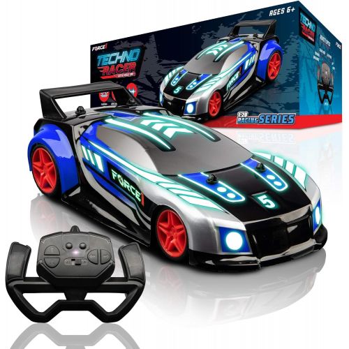  Force1 Techno Racer Remote Control Car for Kids - LED RC Car, High Speed Race Drift Car Toy with Music, Engine Sounds, Light Up Car Shell, and Easy Remote Control (Blue)